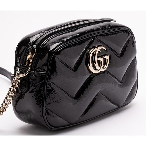 $2600 NEW GUCCI BLACK PATENT LEATHER MARMONT CAMERA CROSSBODY BAG PURSE - Picture 3 of 11